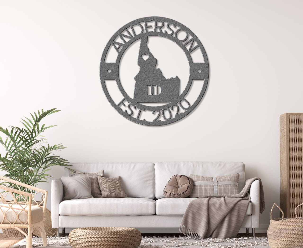 a living room with a white couch and a clock on the wall