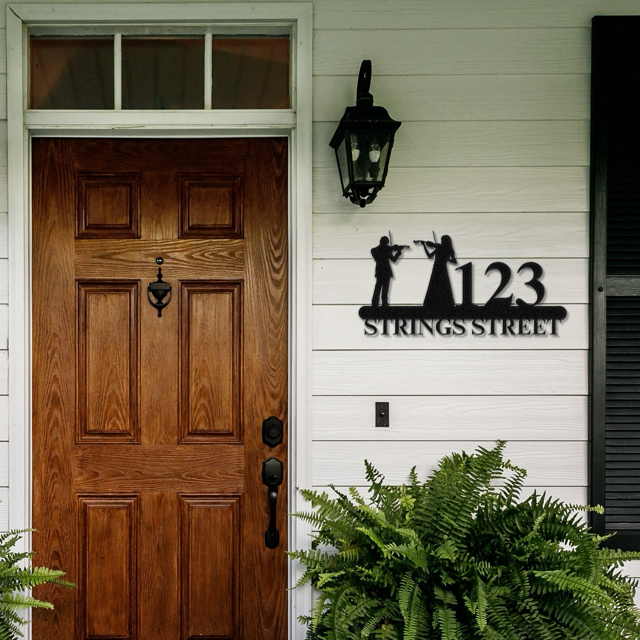 a wooden door with a sign that says 1213 strings street