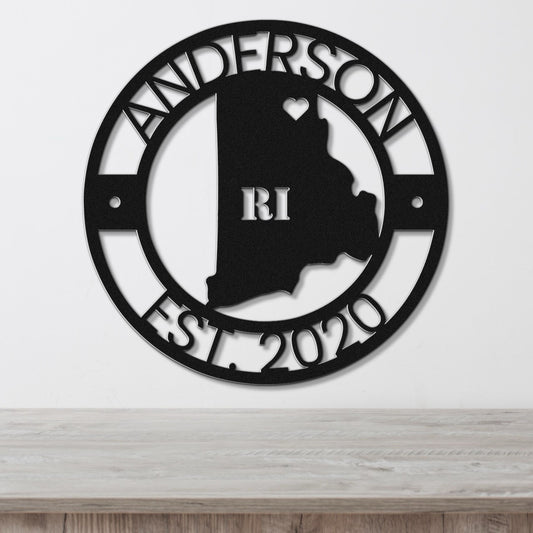 a metal sign with the state of rhode on it