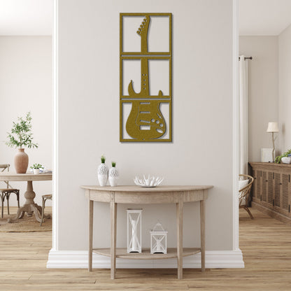 a living room with a table and a guitar on the wall