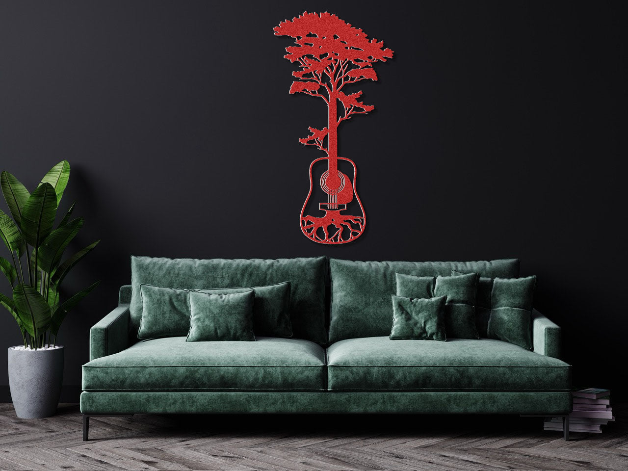 a living room with a green couch and a guitar wall decal