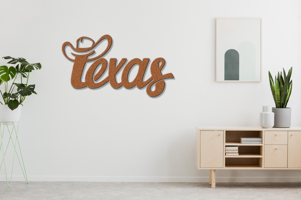 a white room with a wooden sign that says texas