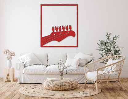 a living room with a white couch and a red guitar