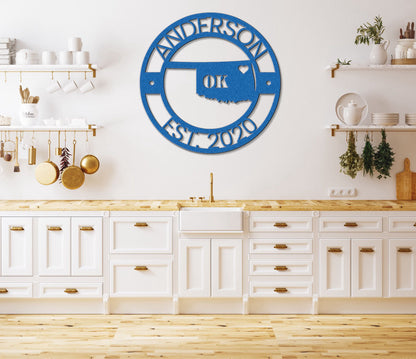 a kitchen with white cabinets and a blue sign on the wall