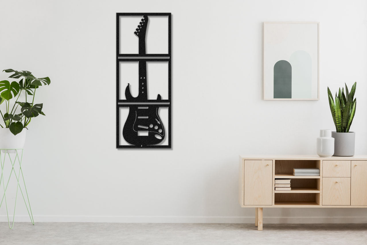 a room with a plant and a guitar on the wall