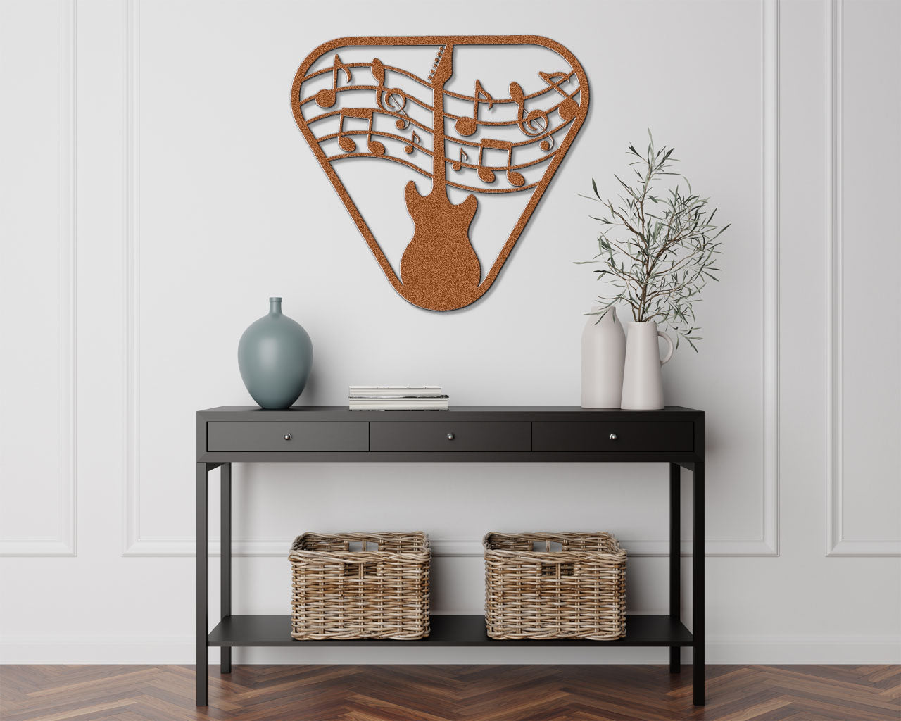 a table with a guitar and musical notes on it