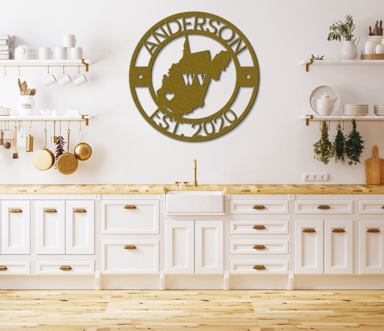 a kitchen with white cabinets and a large metal clock