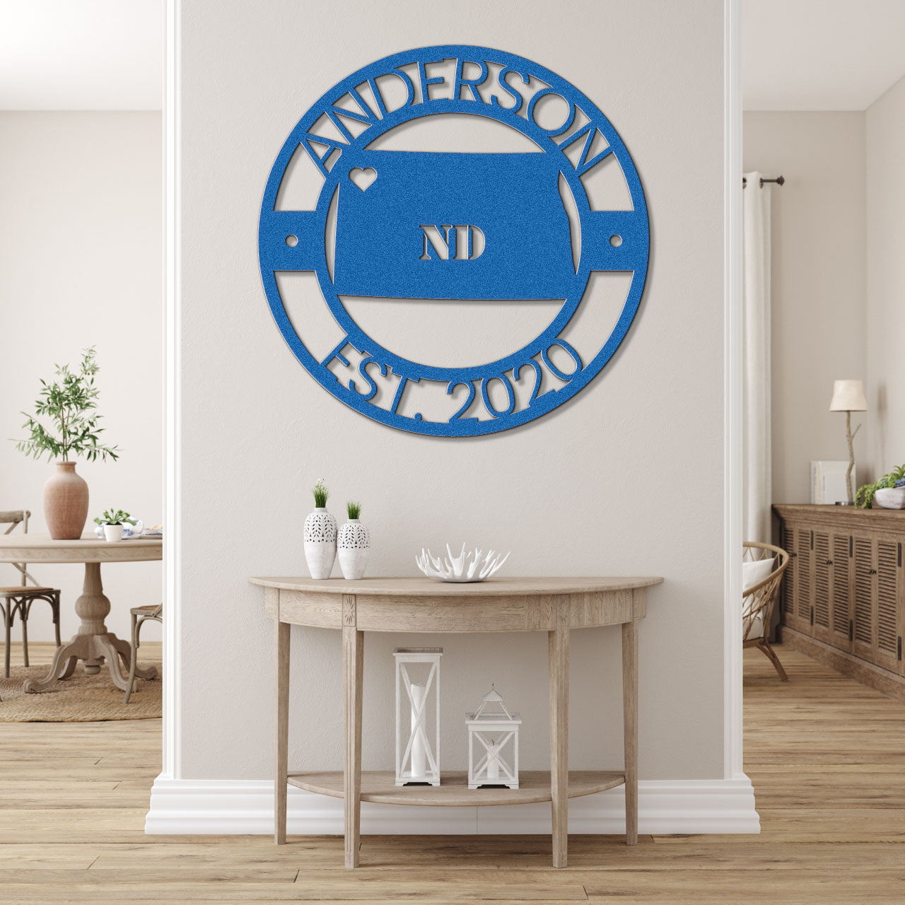 a blue and white sign on a wall in a room