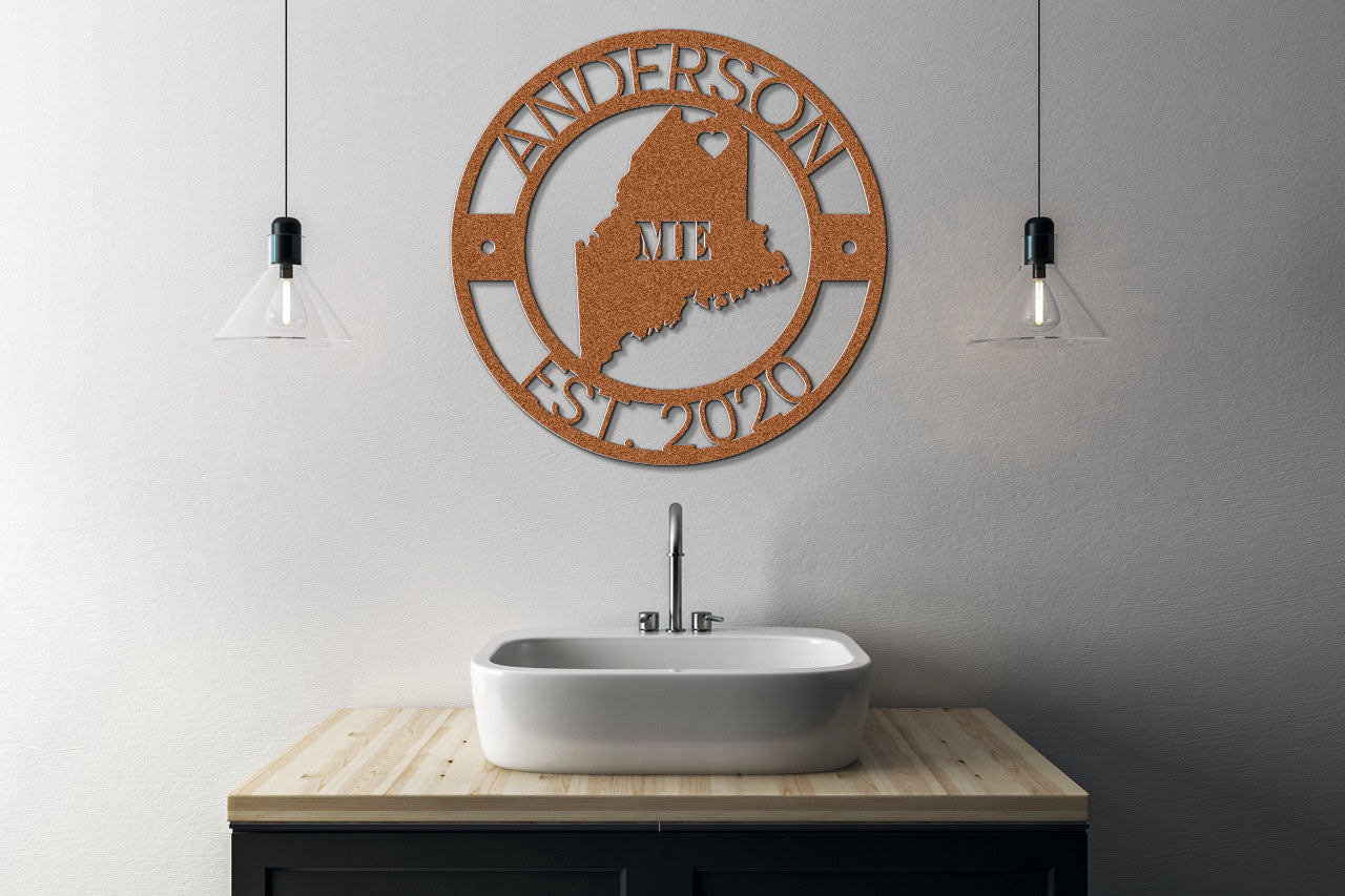 a bathroom with a sink and a wooden sign