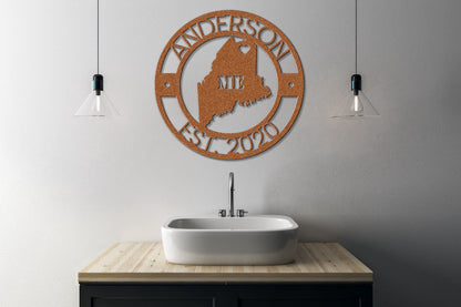 a bathroom with a sink and a wooden sign