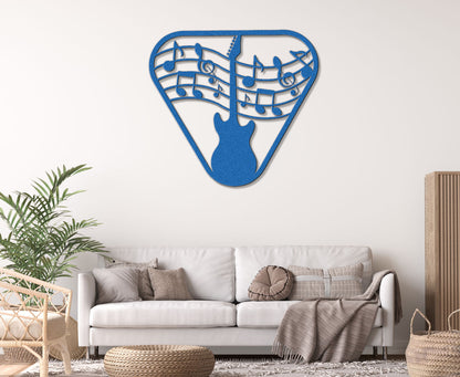 a living room with a white couch and a blue guitar wall clock