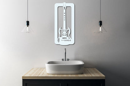 a bathroom sink with a guitar shaped mirror above it