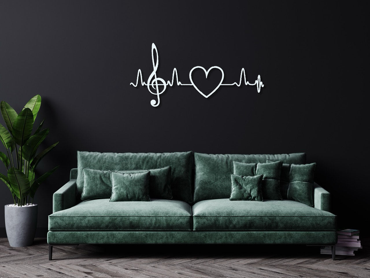 a living room with a green couch and a heartbeat wall decal