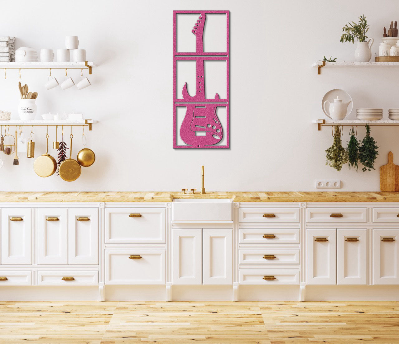 a kitchen with white cabinets and a pink guitar on the wall