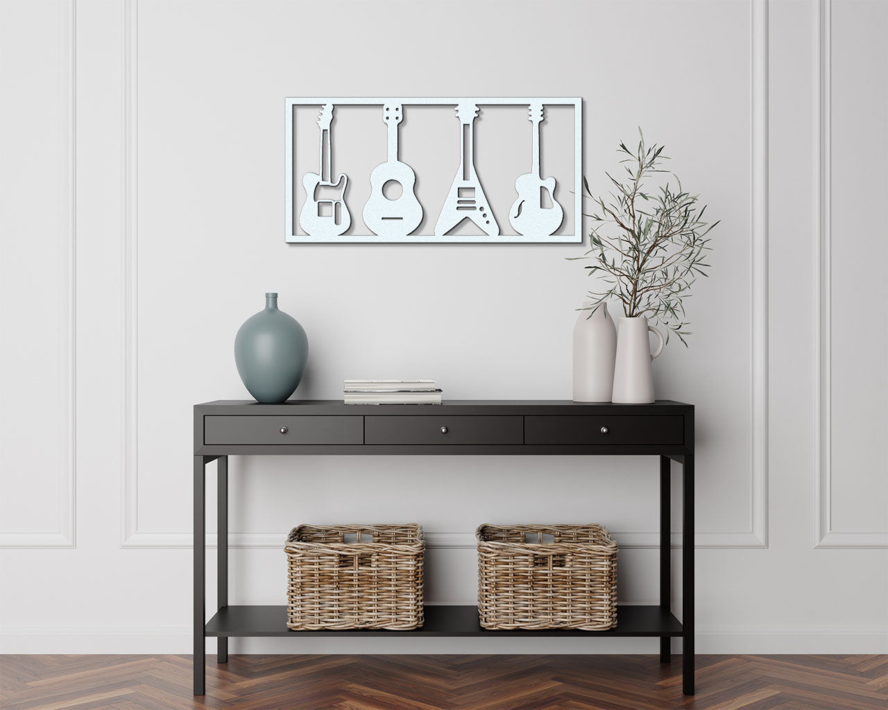 a shelf with a vase and two baskets on top of it