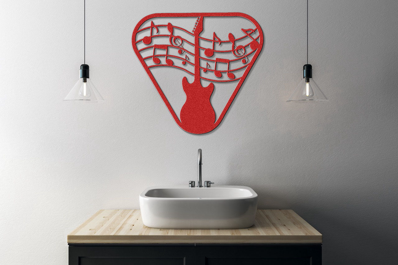 a bathroom with a sink and a guitar shaped wall decoration