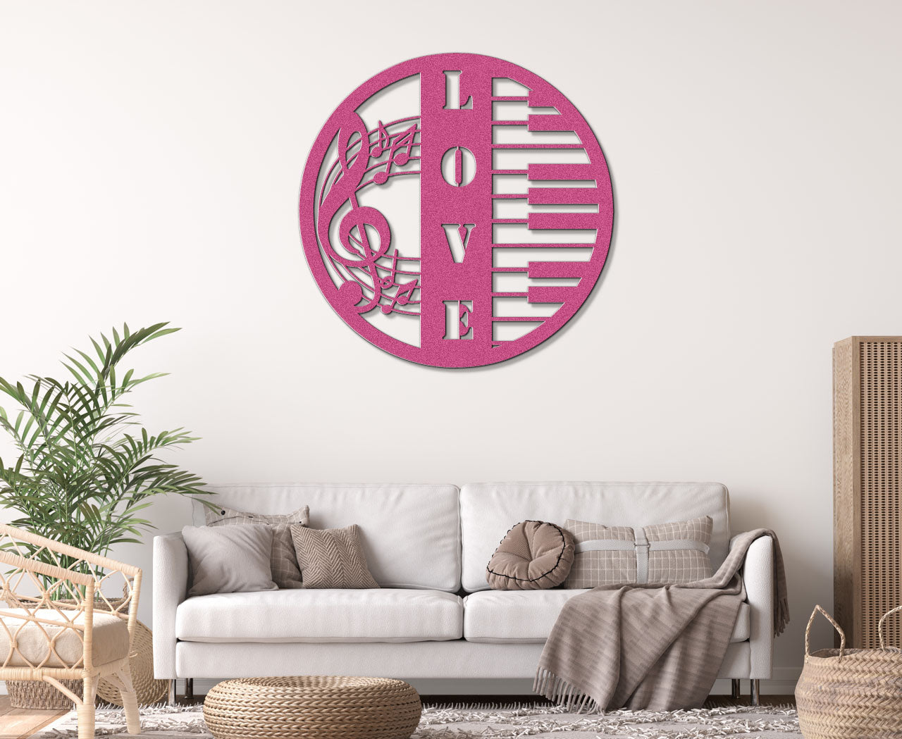 a living room with a white couch and a pink clock