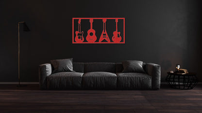 a living room with a couch and a guitar wall decal