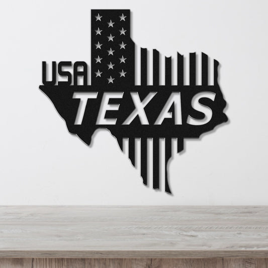 a metal texas state with the word usa on it