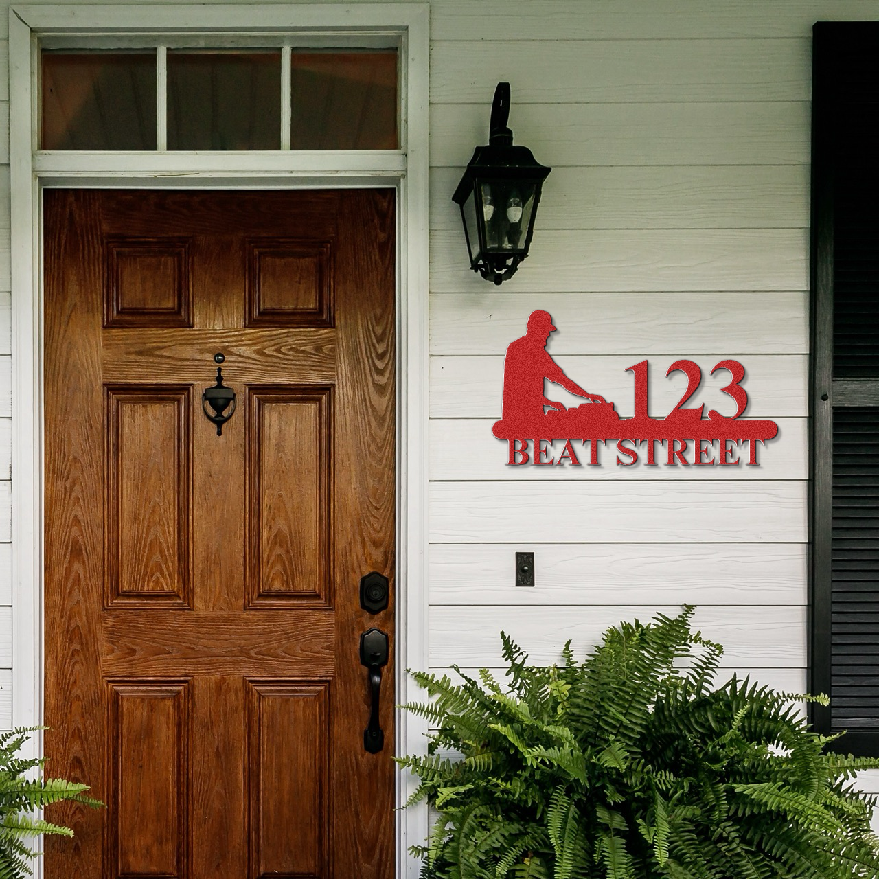 a wooden door with a sign that says 123 beat street