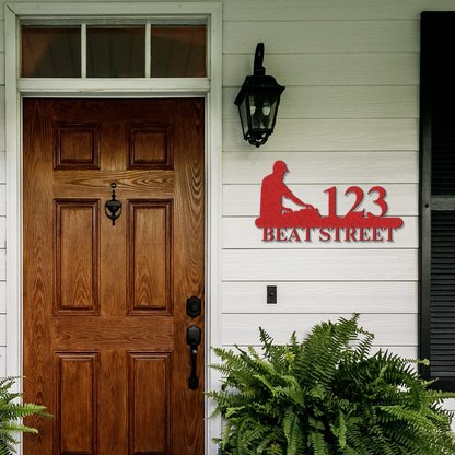 a wooden door with a sign that says 123 beat street