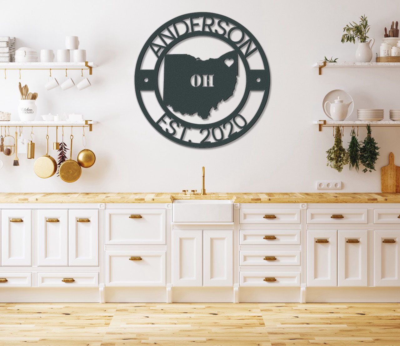 a kitchen with a clock on the wall