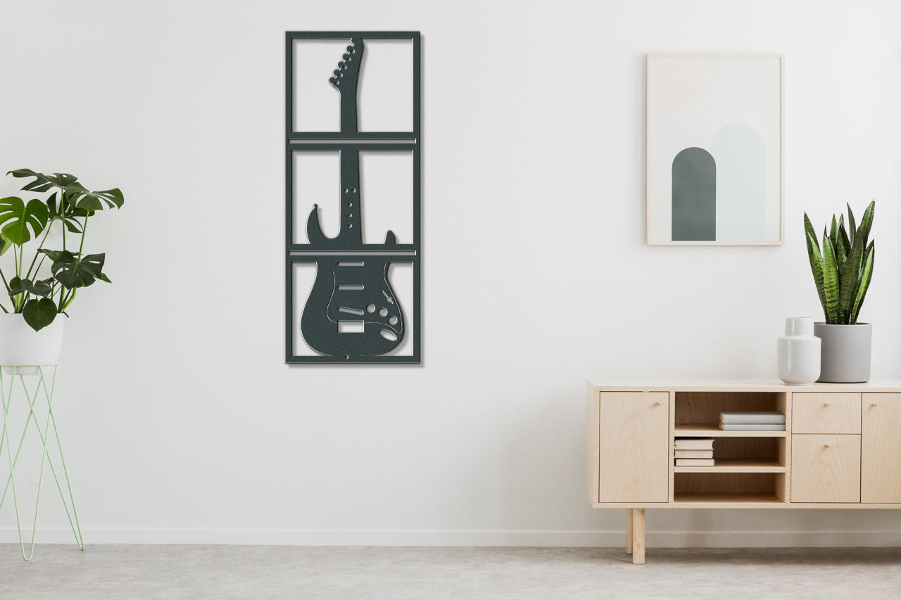 a room with a plant and a guitar on the wall