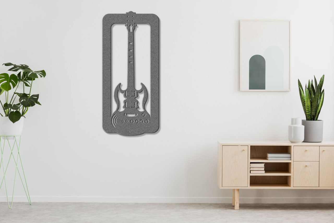 a white room with a guitar shaped wall clock