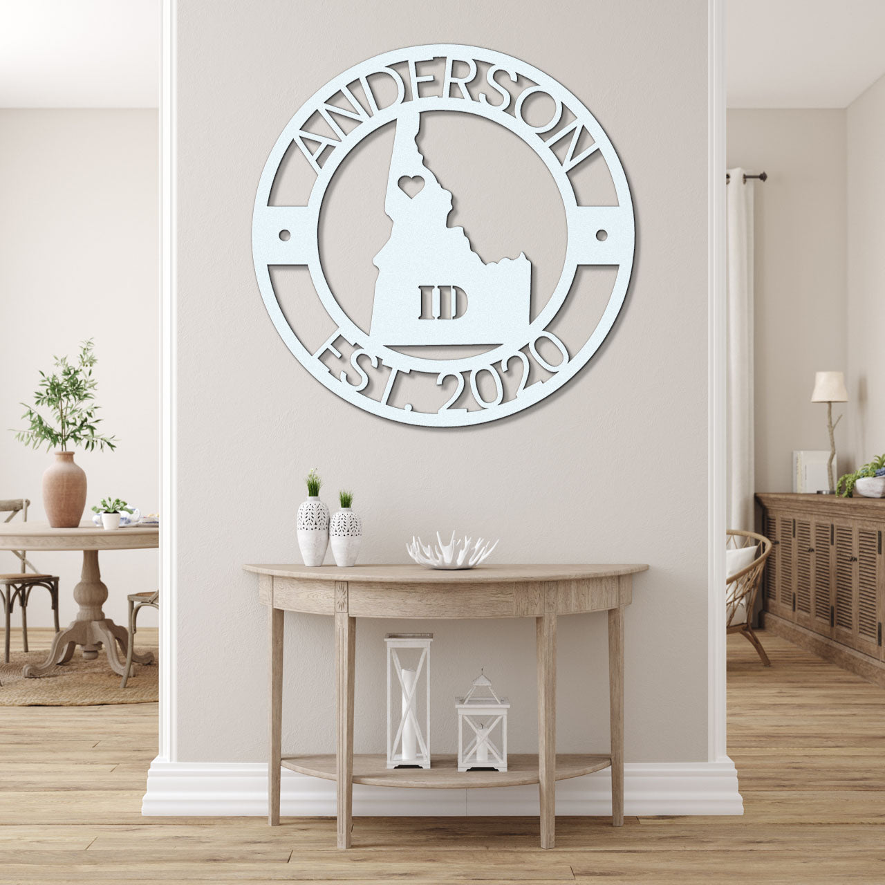 a white wall with a clock and a table