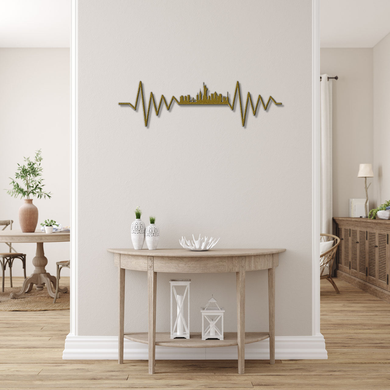 a living room with a table and a clock on the wall