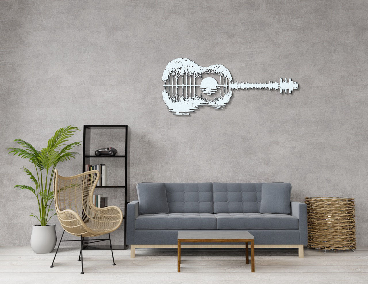 a living room with a couch and a guitar wall clock