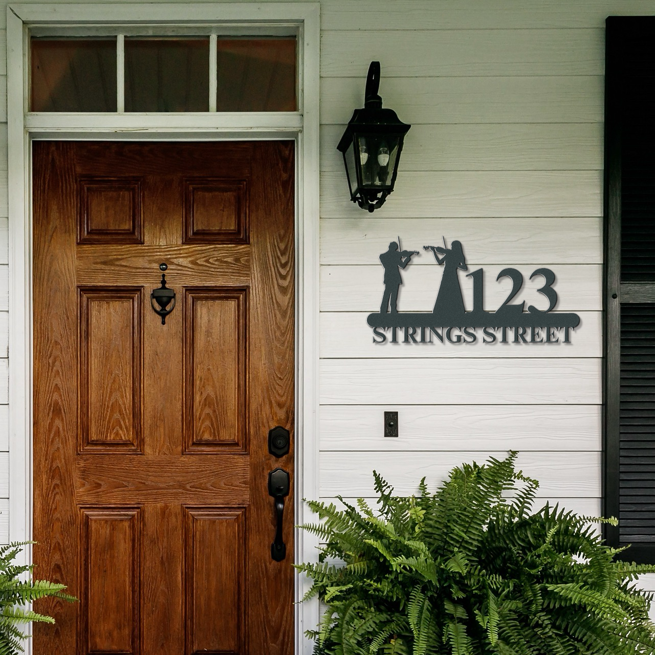 a wooden door with a sign that says 1213 strings street