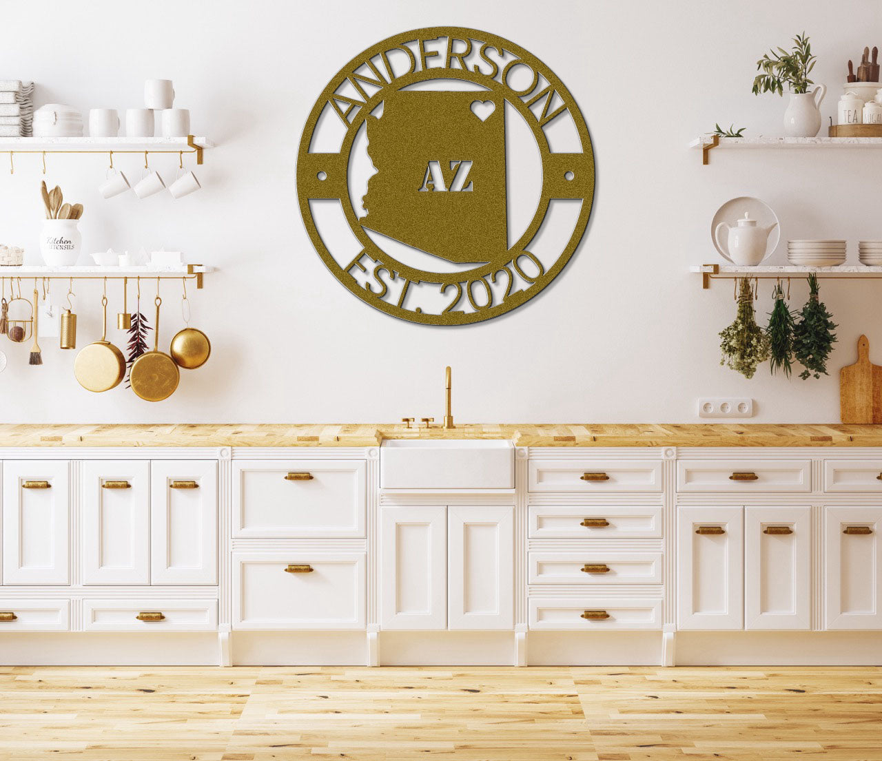 a kitchen with a clock on the wall