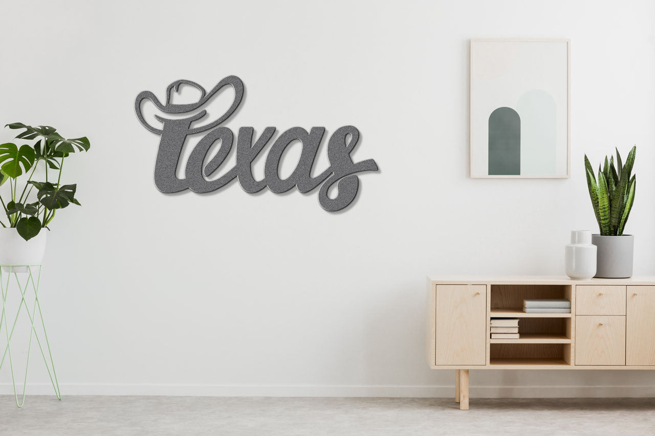 a living room with a plant and a sign that says texas