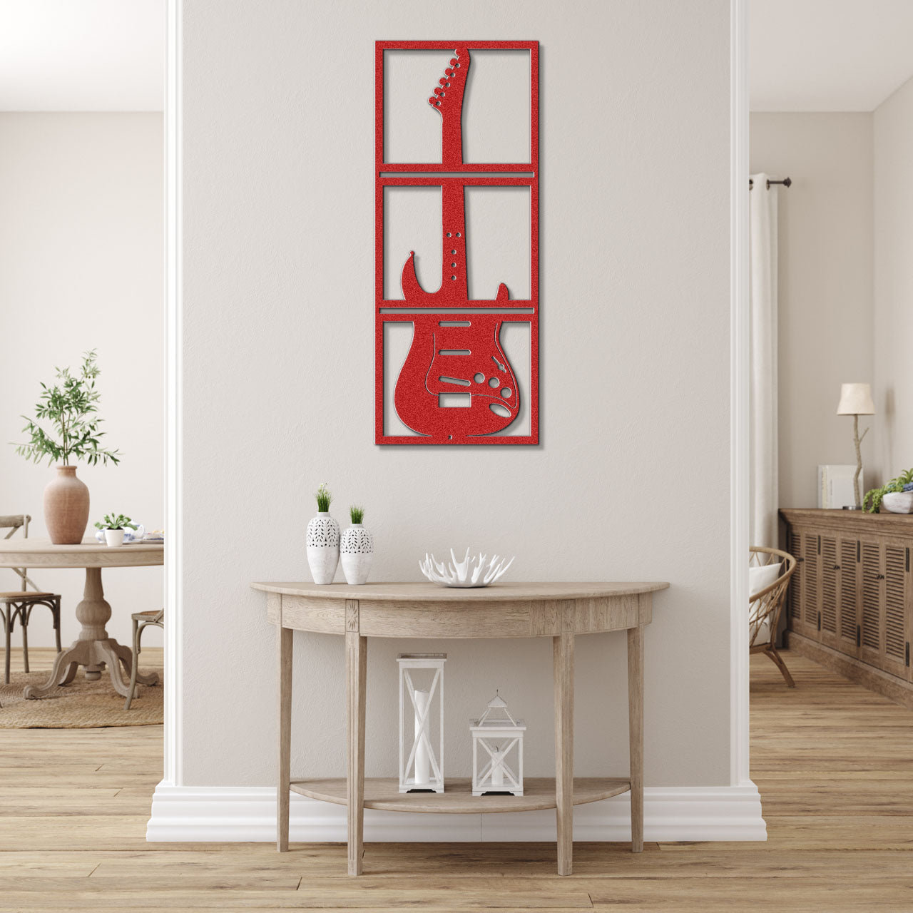 a room with a table and a guitar on the wall