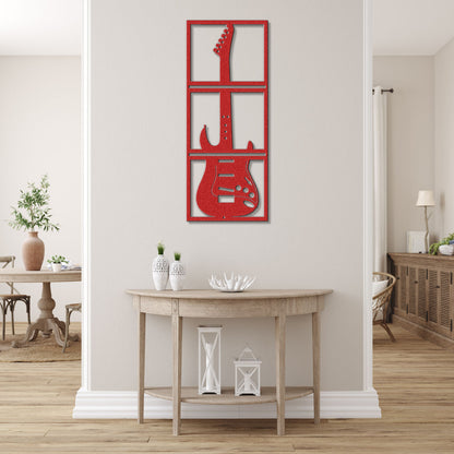 a room with a table and a guitar on the wall