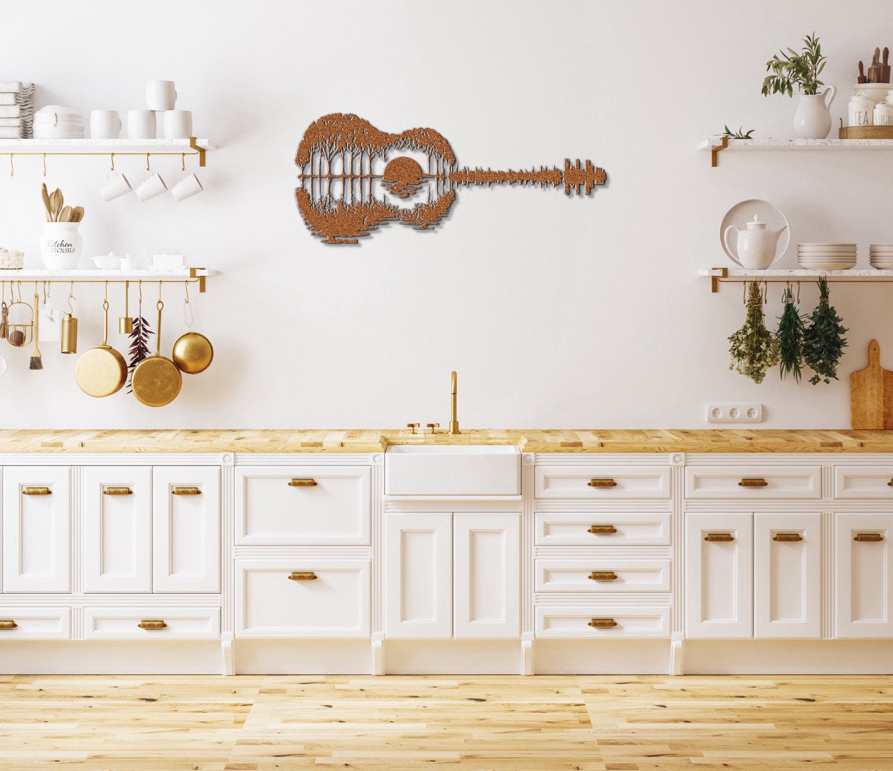 a kitchen with white cabinets and a metal key on the wall