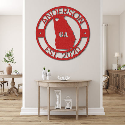 a red metal sign on a wall in a living room