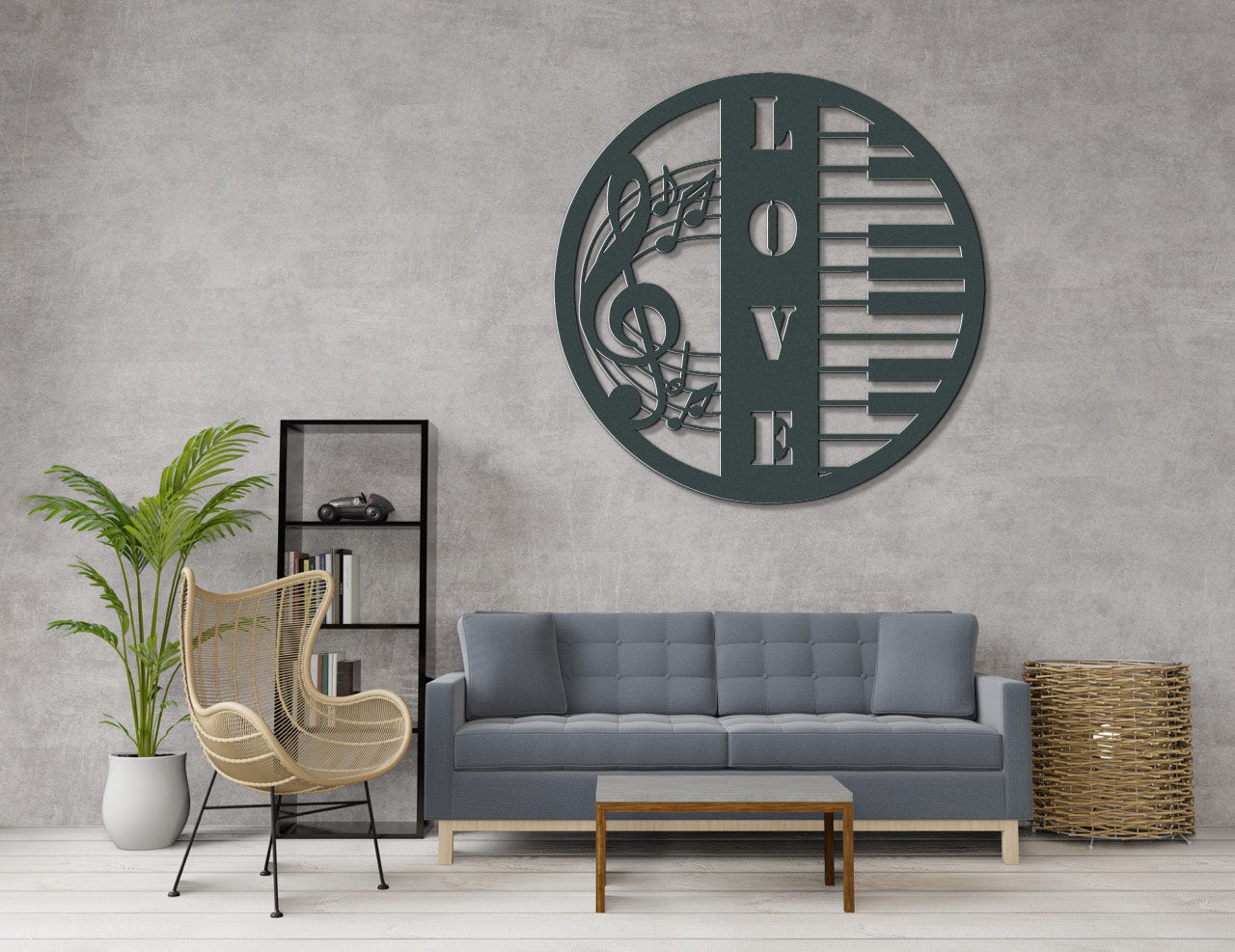 a living room with a gray couch and a large metal clock